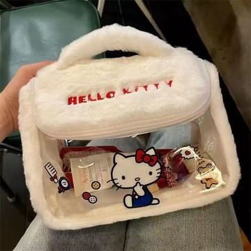 kitty收納包 可愛化妝包 新款卡通可愛毛絨化妝包大容量 手提收納包 kitty化妝包 kitty手提包 透明化妝包