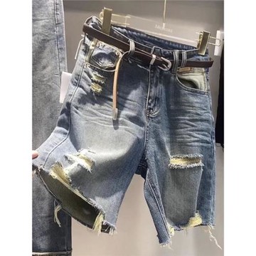 牛仔短褲女夏季歐貨爆款梨形身材微胖穿搭大碼五分褲顯瘦破洞褲子