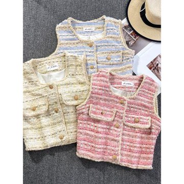 復古氣質小香風粗花呢圓領流蘇毛邊馬甲背心外套女休閑短款上衣夏