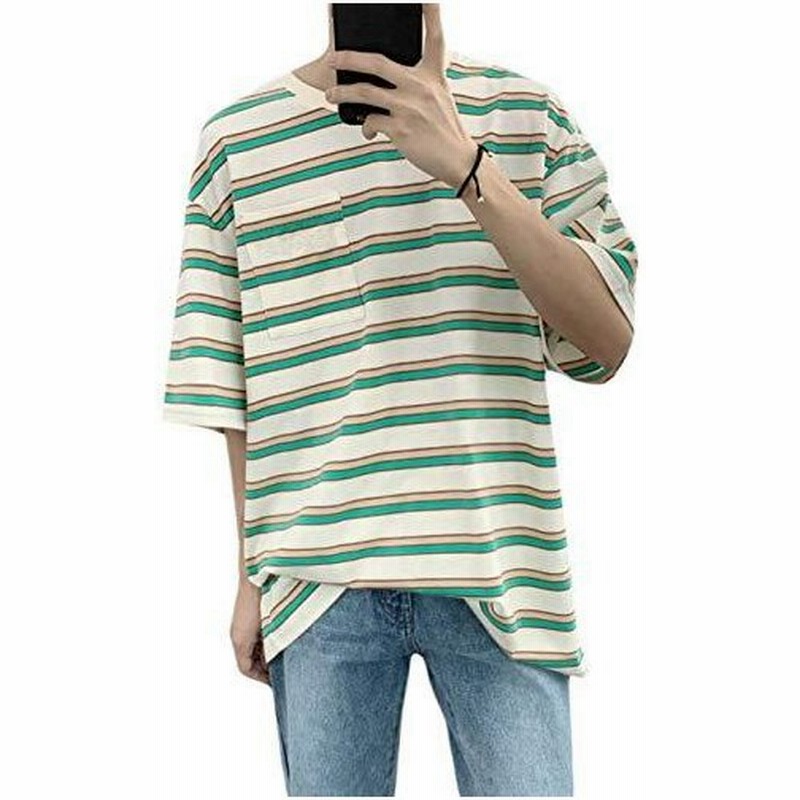 Shuming Tシャツ メンズ ボーダー柄 カットソー 半袖 ゆったり クルーネック Tシャツ 韓国 ストリート系 夏服 ファッション トップス 12アプリコット 通販 Lineポイント最大0 5 Get Lineショッピング