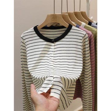 黑白撞色條紋毛衣開衫女短款長袖打底春季薄款外套寬松百搭短上衣