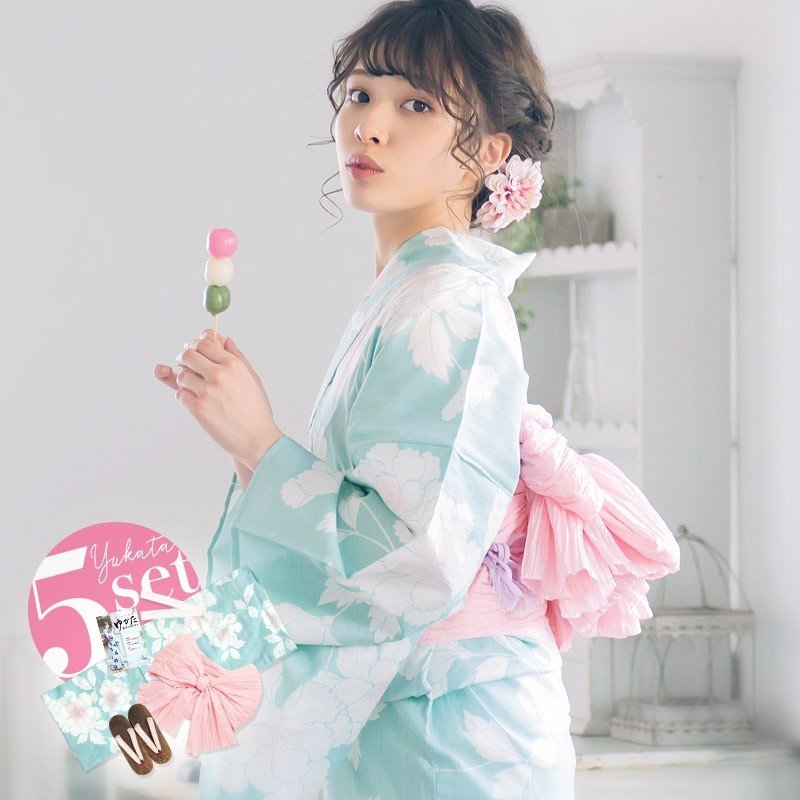 浴衣 セット レディース 大人 ゆかた しわ兵児帯 下駄 着付け本 腰ひも 水色 ミント 花 かわいい モダン 22年 通販 Lineポイント最大0 5 Get Lineショッピング