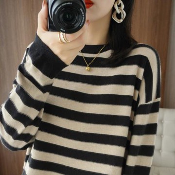 2025秋冬新款羊毛衫條紋黑白長袖針織衫百搭女寬松洋氣上衣毛衣