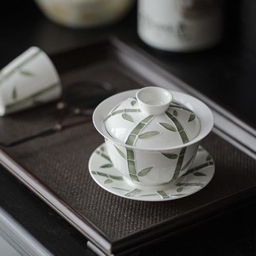 創意手繪堆雕竹子三才蓋碗功夫茶具家用陶瓷泡茶碗大號不燙手