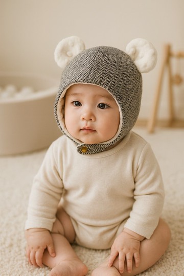 倫敦紳士灰針織 手工嬰幼兒保暖飛行帽 寶寶帽 保暖帽