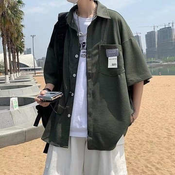 華夫格襯衫男短袖設計感鹽系港風復古襯衣美式夏季寬鬆外套ins潮