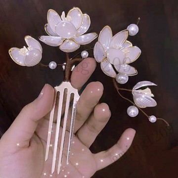 新款白玉蘭髮梳 古風髮簪 髮釵 髮夾 髮梳 u釵 木簪 漢服配飾 明製頭飾 古裝髮飾 古風髮飾 免運 送禮自用兩相宜