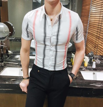 FINDSENSE品牌 男 時尚 潮 線條 條紋 修身 薄款 短袖襯衫 條紋襯衫