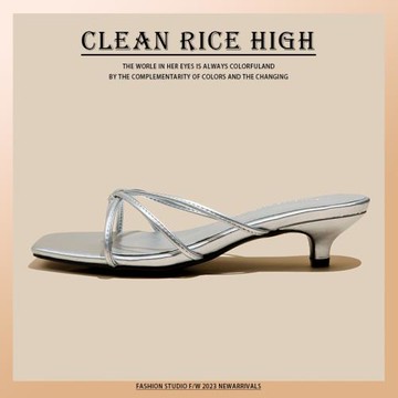 仙女風銀色涼鞋外穿女夏季2025新款貓跟法式韓版細帶夾趾沙灘拖鞋