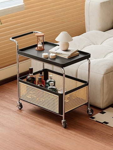移動推車置物架  實木復古小推車邊幾可移動茶幾客廳沙發收納架零食置物架中古藤編