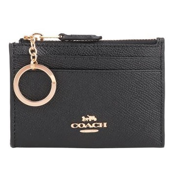 COACH-立體金馬車防刮PVC 方型卡層/鎖圈零錢包(素面黑)