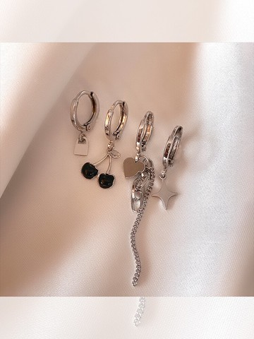 銀色ins嘻哈風耳環年新款潮個性耳圈小眾時尚套裝櫻桃耳飾女