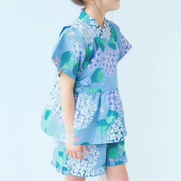 日本 devirock - [推薦]夢幻女孩荷葉邊甚平套裝-繡球花-藍