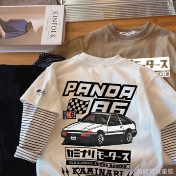 【帥氣百搭】100%純棉男童字母汽車印花假兩件長袖T卹 男童純棉打底衫 男童純棉假兩件  男童純棉上衣內搭 兒童純棉長袖