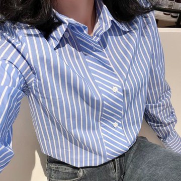 新氣質長袖常規通勤經典藍白條紋尖領休閑正領帶拼接條紋棉襯衫女