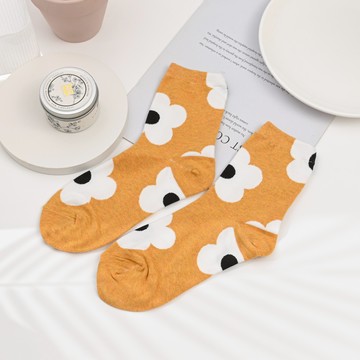 韓國襪簡約花朵中筒襪-芥黃色