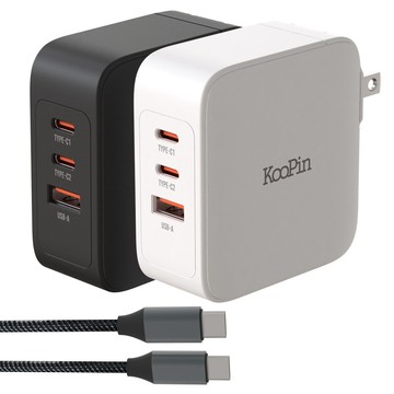 KooPin 100W 氮化鎵三孔充電器 PD+QC快充頭 支援筆電/手機/平板 附100W編織線