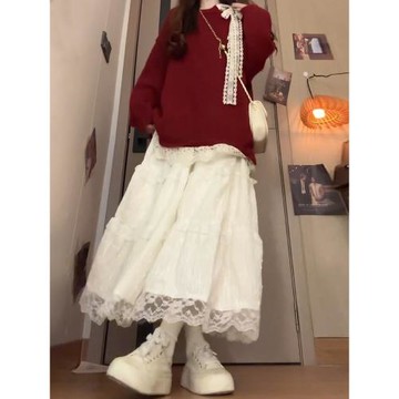 蝴蝶結蕾絲紅色套頭毛衣女秋冬季2026新款寬松慵懶高級感針織上衣