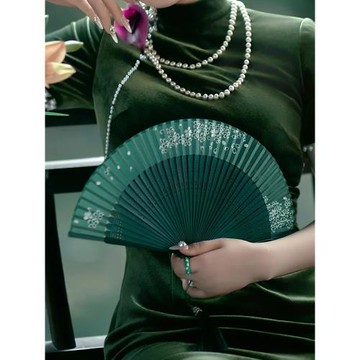 扇子女式國風旗袍流蘇旗袍拍照古典跳舞扇綠色竹子扇隨身攜帶折扇