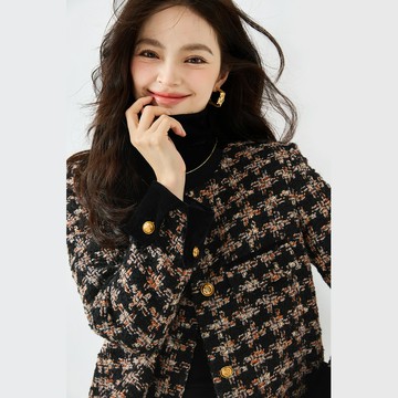 25秋經典女士小香風外套復古風絲絨拼接格紋粗花呢短外套女15381鑫弘-素時衣櫥