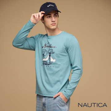 Nautica  男裝 燈塔航海印花長袖T恤-藍綠色