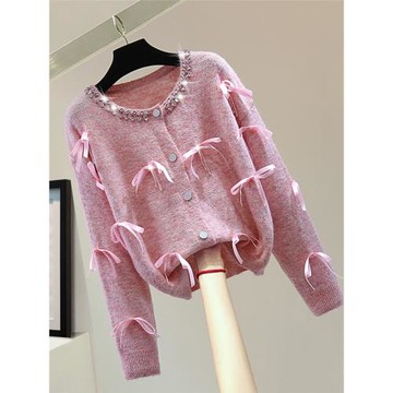 小個子鑲鉆釘珠蝴蝶結圓領針織衫2024冬季高腰短款流蘇長袖毛衣潮