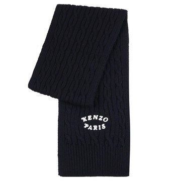 KENZO 8EU100 電繡LOGO麻花編羊毛混紡長圍巾.黑