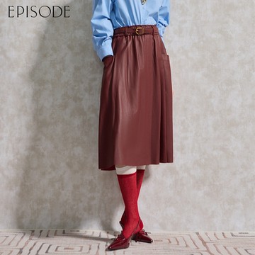 EPISODE - 簡約百搭腰鬆緊腰帶設計羊皮長裙（紅）E44103