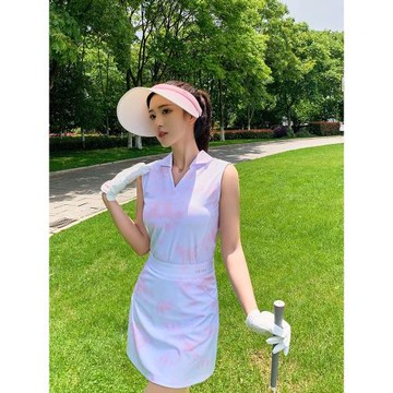 夏季高爾夫女裝時尚粉色速干無袖上衣golf球服修身顯瘦運動短裙子