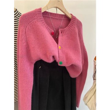 設計感小眾圓領彩扣亮片蜜熊絨毛衣外套女歐洲站早秋新款開衫上衣