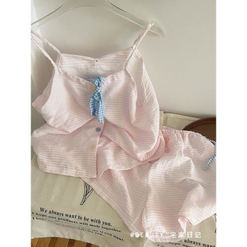 純欲少女甜美條紋吊帶睡衣女2024新款夏季大碼背心短褲家居服套裝