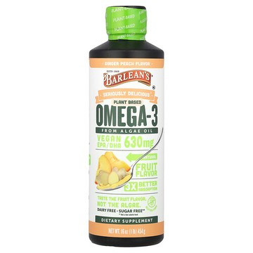 Barlean's, Seriously Delicious®，植物基 Omega-3，來自藻油，姜蜜桃味，630 毫克，16 盎司（454 克）