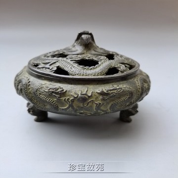 新品古玩銅器仿老包漿仿古工藝品佛堂道具擺件二龍戲珠銅香爐