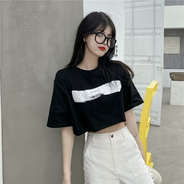 歐美高街潮牌短款高腰短袖t恤女寬鬆韓版ins港風露臍chic港味上衣 印花t恤 設計感衣服 短袖上衣 美式上衣 短袖t恤