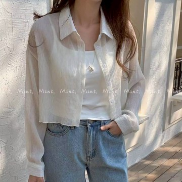 平價衣著 壓紋短版襯衫 直紋襯衫 肌理紋襯衫 襯衫外套 雪紡襯衫 短版上衣 防曬衣 百搭雪紡紗透膚長袖襯衫長版襯衫罩衫