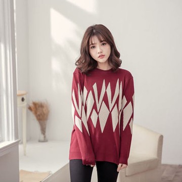 紅卡撞色不規則幾何圖案長袖毛衣 MUS15015