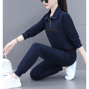 歐貨2025春秋新款休閑運動套裝女半拉鏈翻領減齡長袖衛衣兩件套棉