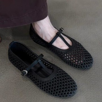 羊皮版~法式復古編織鏤空T字扣帶瑪麗珍鞋女氣質圓頭平底淺口單鞋