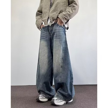 美式高街廓形闊腿牛仔褲男 潮牌解構水洗寬鬆休閒拖地長褲