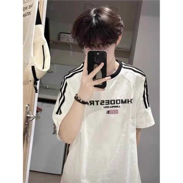 美式潮牌條紋拼接男款短袖夏季重磅純棉t恤少年感穿搭插肩袖體恤