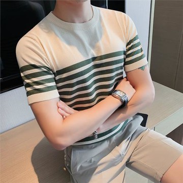 條紋針織冰絲t恤男短袖夏季薄款透氣圓領半截袖體恤潮流修身帥氣