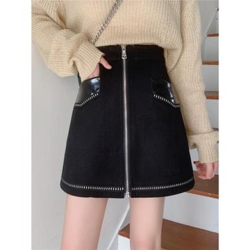 大碼ins超高腰黑色鹿皮絨半身裙女設計感胖mm秋冬韓版遮肚A字短裙