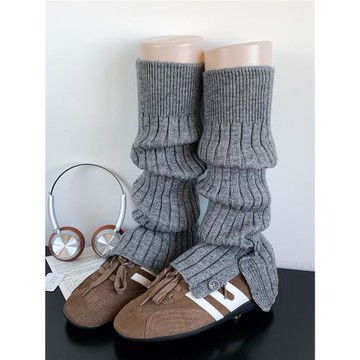 秋冬灰色堆堆襪套jk奶白色保暖腿套女中筒黑色針織豎條開叉小腿襪