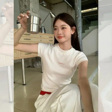 【純棉短袖白色T恤女】夏季新款 修身顯瘦 正肩百搭 圓領短款 韓系上衣 ins 上衣女 正肩上衣 顯瘦 韓版 大學T 短