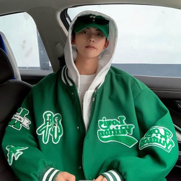 棒球服男春秋款設計感字母植絨外套美式復古高街上衣潮牌寬松夾克
