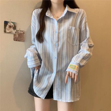 大碼女裝條紋Polo領襯衫外套秋季寬松休閑襯衣中長款胖mm顯瘦上衣