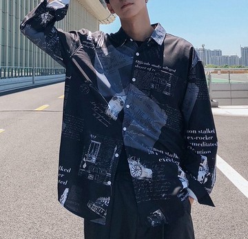 FINDSENSE H1秋季 新款 日本 街頭 原宿 個性印花 長袖黑白襯衫  寬鬆襯衫 潮男 上衣