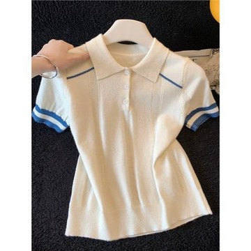 2026夏季新款撞色polo翻領短袖t恤女小眾正肩修身短款針織衫上衣