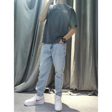 褲子潮牌男高級感美式高街腿粗春秋ins寬松直筒九分夏季牛仔褲男