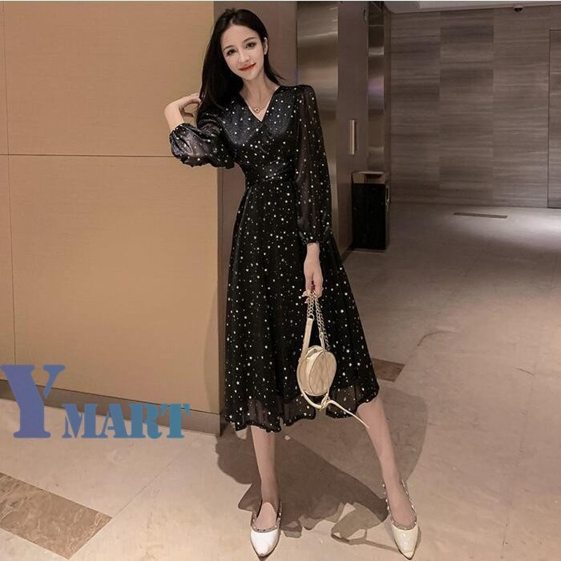 ワンピース レディース 春服 ミモレ丈 星柄ワンピース きれいめ 結婚式ドレス 大人 長袖 ロングワンピース 着痩せ オシャレ パーティー 通勤オフィス 40代 30代 通販 Lineポイント最大0 5 Get Lineショッピング